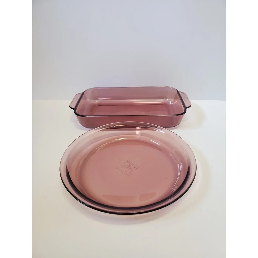 Vintage Lot 2 PYREX Glass Cranberry 2L Corning Casserole Dish 232R Pie Plate 209